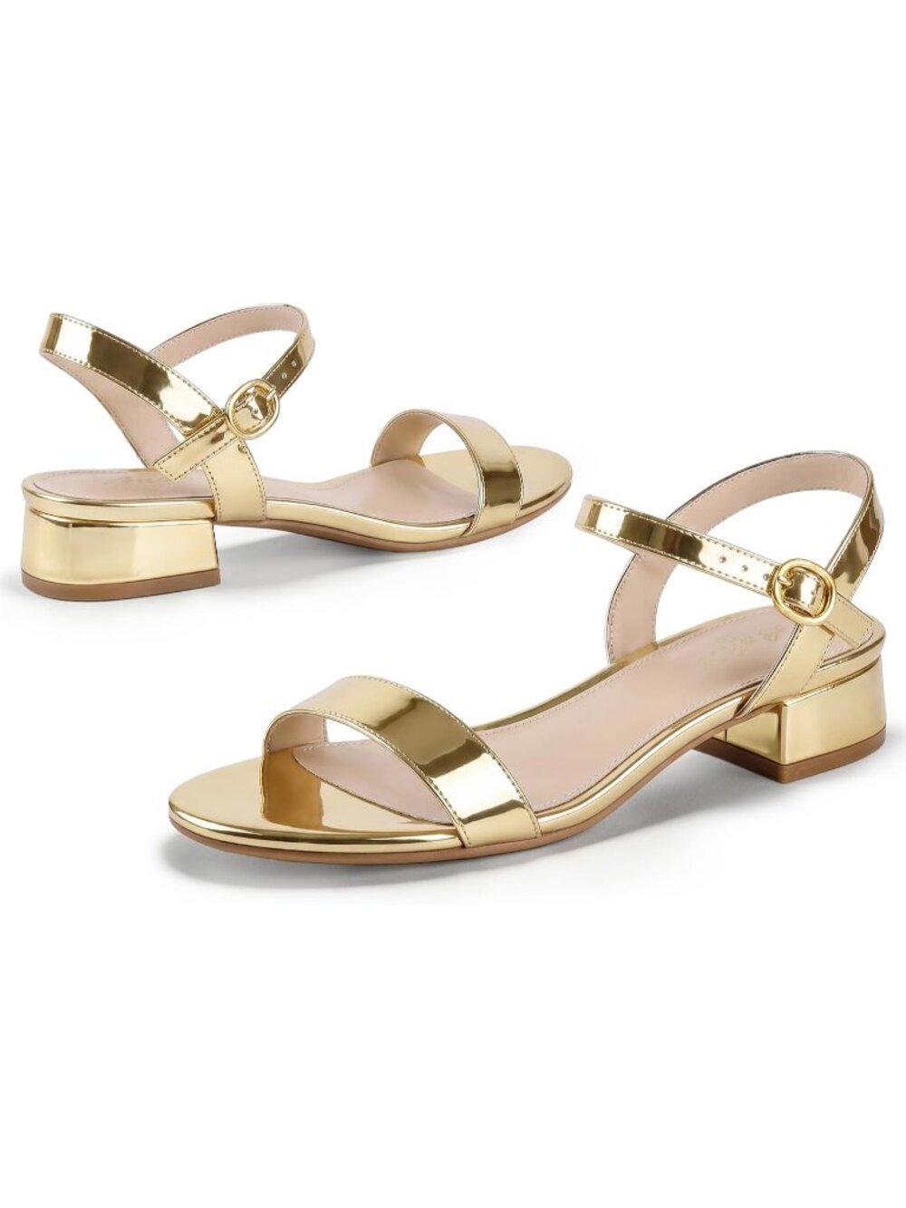Women's Gold Pu Low Heel 1 Inch Dressy Sandal Ankle Strap Open Short Heeled